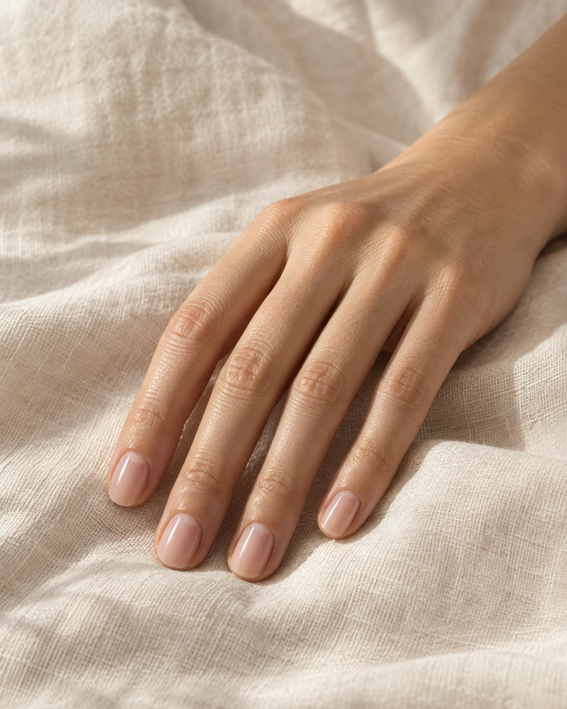 Uñas cortas ovaladas con acabado rosa translúcido sobre lino marfil.