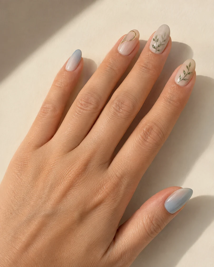Uñas largas con motivos botánicos verdes y detalles dorados
