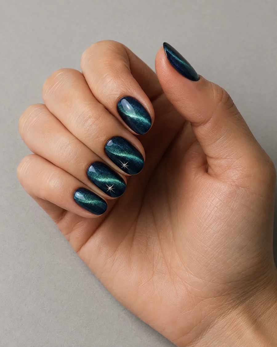 Uñas azul noche con auroras y microestrellas