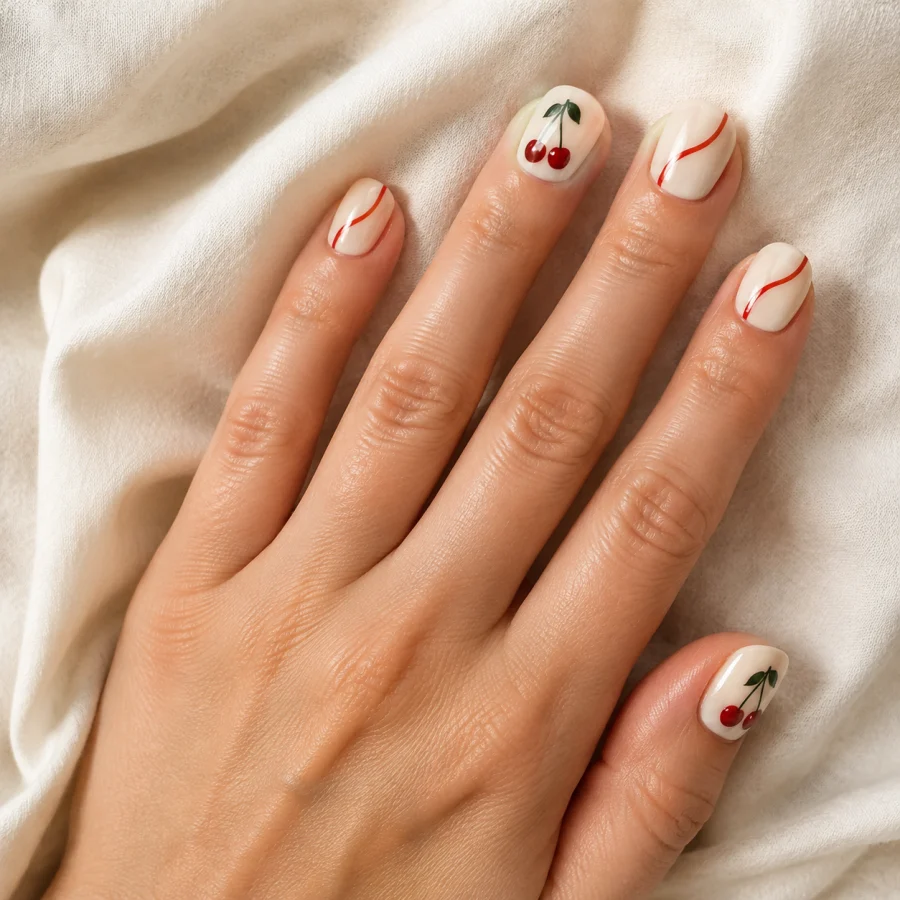 Uñas cortas vainilla con ondas rojas y dibujos de cerezas