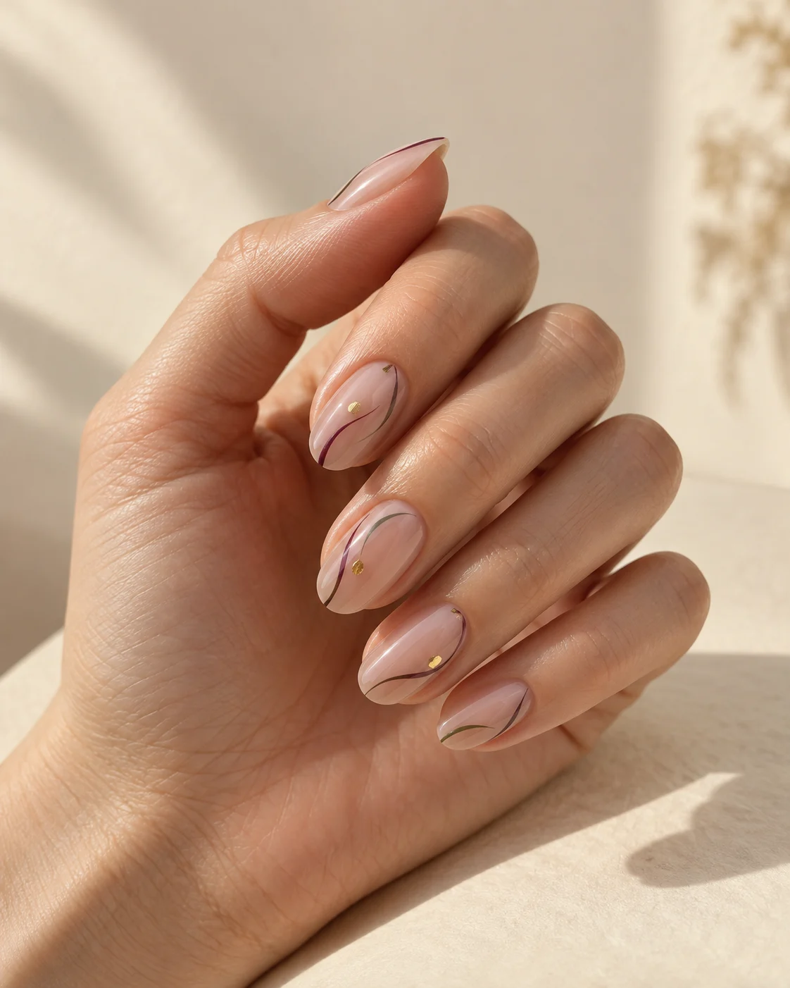 Uñas ovaladas con líneas ciruela y verde salvia y pequeños detalles dorados.