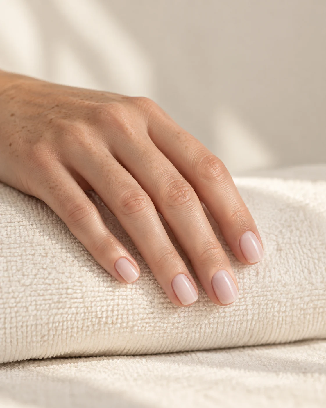 Uñas cortas cuadradas con bordes suaves y acabado rosa lechoso.