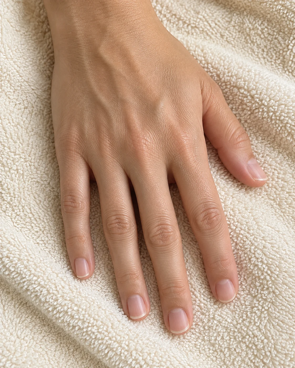 Uñas naturales cortas sin esmalte de color sobre una toalla marfil.